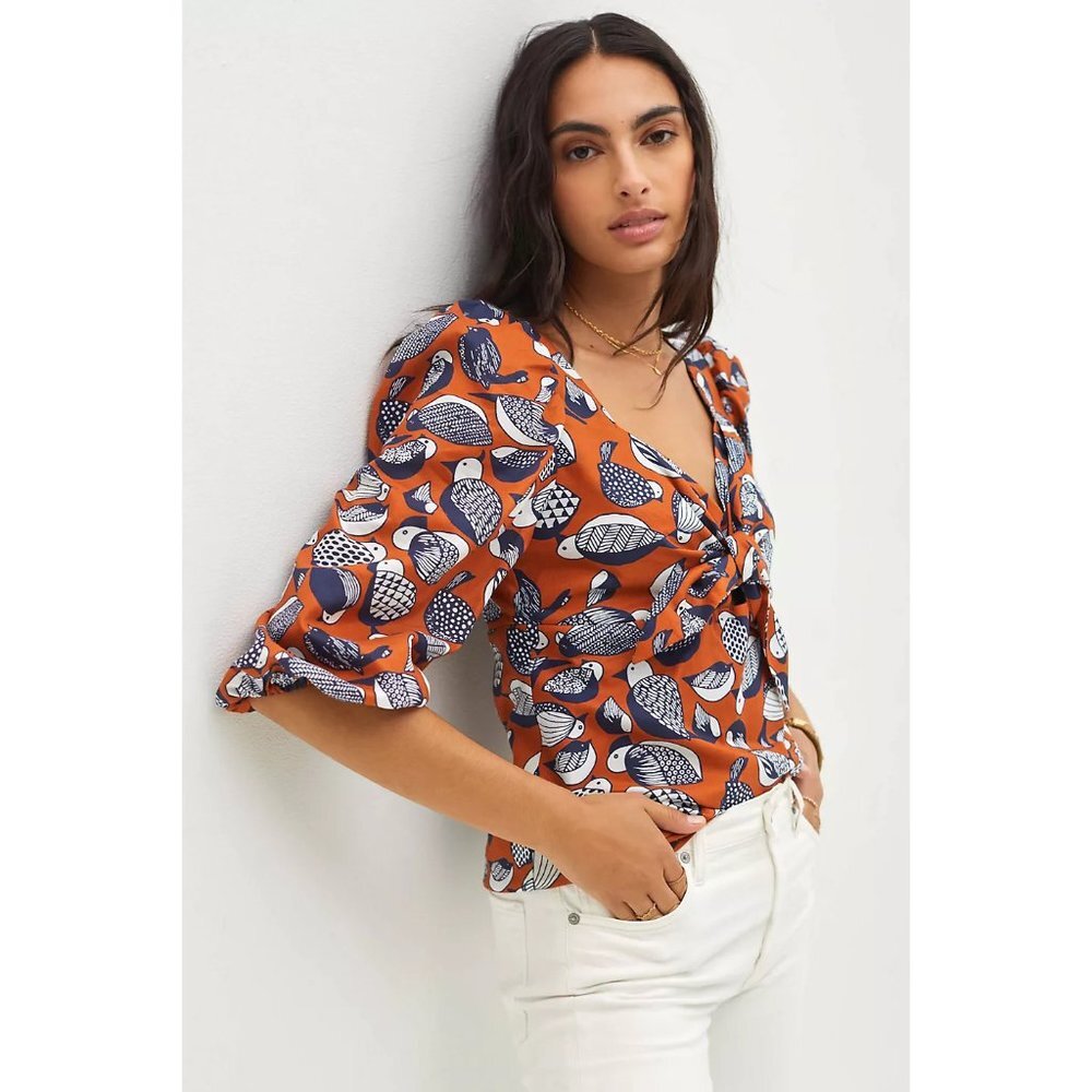 Anthropologie Eva Franco Tropical Birds Sweetheart Neck Blouse Puff Sleeves